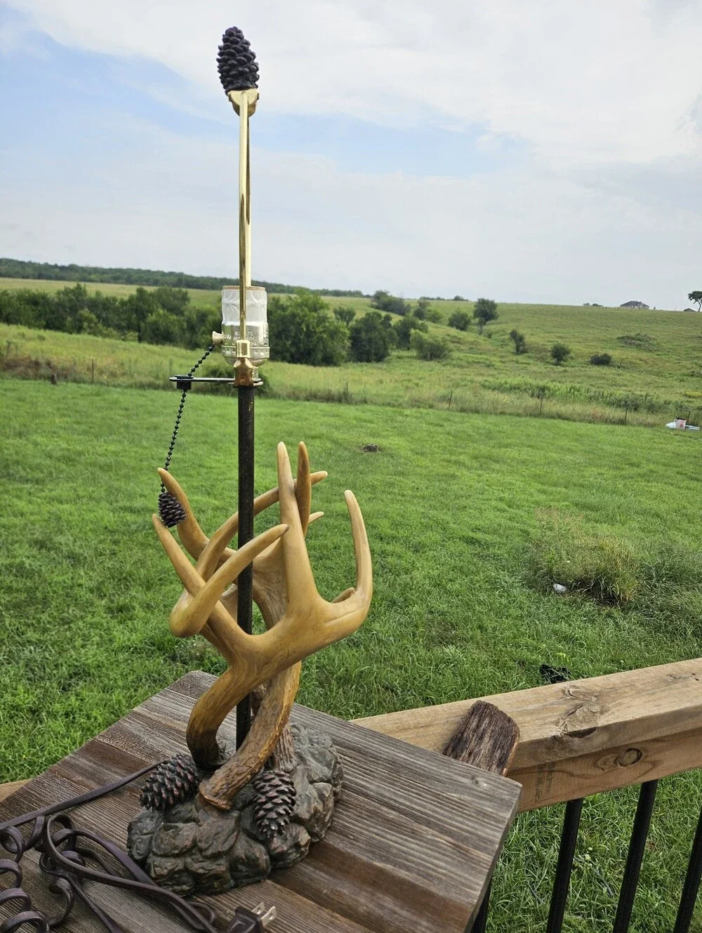 Rustic Cabin Deer Antler Table Lamp Pinecone Accent Faux Wood Base Western Lodge